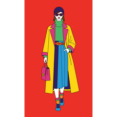 Vibrant Pop Art Fashion Illustration of Woman in Stylish Yellow Coat, Blue Skirt, and Pink Handbag
