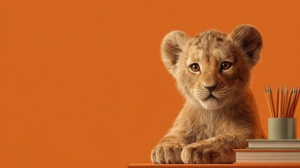 Cute lion cub sitting at a small desk with pencils and books on bright orange background, back to school concept