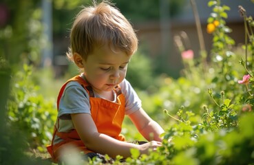 Young child plays in garden soil among green plants, flowers, digging with hands outdoors. Boy with light hair wears orange overalls, explores nature, learning to plant, care for vegetation in