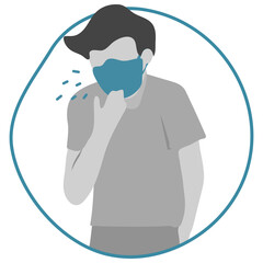 Man infected with covid 19 virus coughing behind a mask transparent png