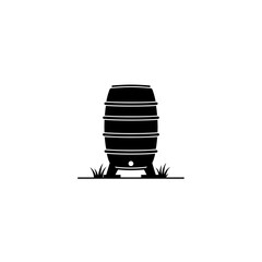 Water butt barrel for rain water collection, black vector illustration. Irrigation and nature resources usage. Environmental concept in farming and gardening