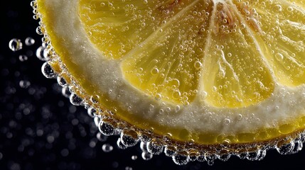 Refreshing lemon slice with sparkling bubbles offers a vibrant splash for summer drinks and healthy lifestyle promotions