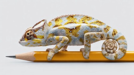Chameleon sitting on a pencil on white background, learning and science concept.