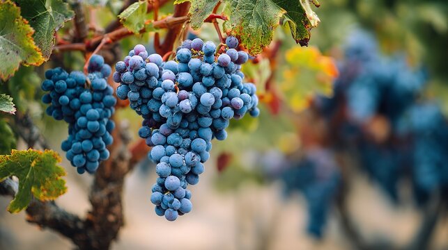 Delicious ripe grapes hanging on the vine in beautiful light ready for harvest in the vineyard - Powered by Adobe