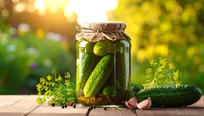 Jar of pickles sitting on a wooden table