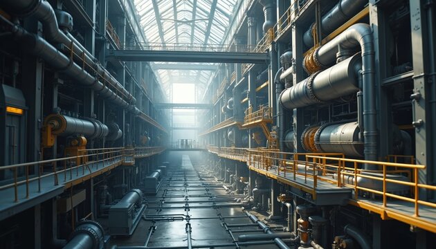 Vast industrial complex interior with parallel rows of pipes and machinery. Complex network of industrial infrastructure under a glass roof. Energy generation facility.