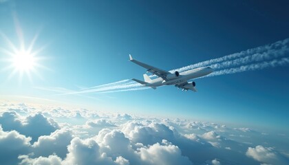 Obraz premium White passenger jet airplane flies high in bright blue sky. Leaves long white contrails behind wings. Bright sun shines over soft white clouds from above, making clear day for air travel, global