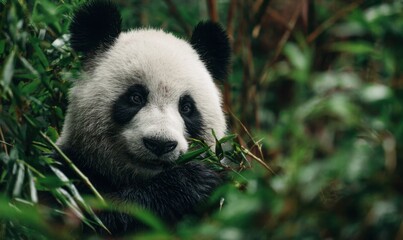 Obraz premium Adorable Giant Panda Eating Bamboo in Lush Green Forest.