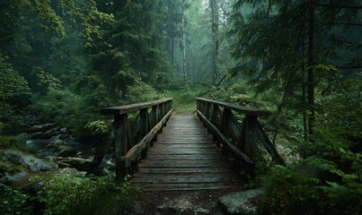 Fototapeta premium Wooden Bridge in Lush Green Forest with Foggy Atmosphere.