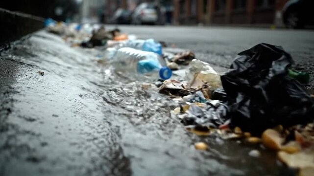 Overflowing street gutter with trash and puddles after rain