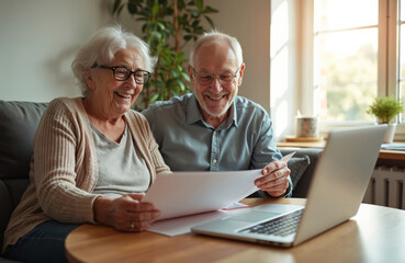 Happy senior couple review documents using laptop. Elderly man woman work on finance retirement plan at home. Mature pair smiles while reviewing bills budget.