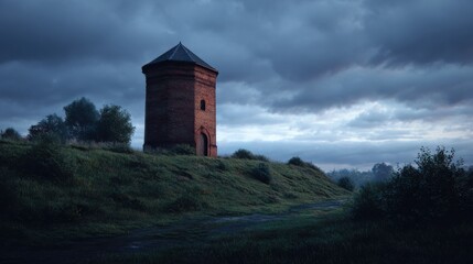 Fototapeta premium Ancient Stone Tower Perched Atop a Hill Under a Dramatic Sky.