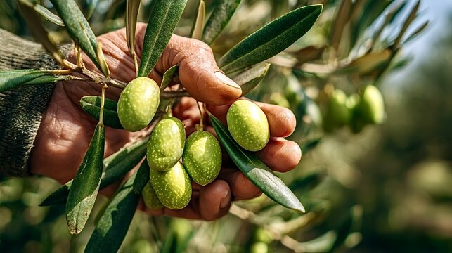 Farmer hand harvesting green olives during olive harvest