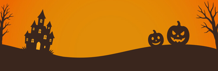 お化け屋敷とジャックオランタンのハロウィン背景（オレンジ）_バナーサイズ
