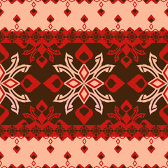 A collection of seamless vector patterns inspired by traditional Thai art and Isaan silk textile motifs. Features intricate floral and geometric elements in a rich red, brown, and cream palette