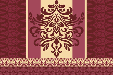 A rich collection of vintage luxury damask vector patterns and ornate border designs in a striking burgundy and beige/gold palette. Perfect for elegant textile, wallpaper, and wedding invitations.