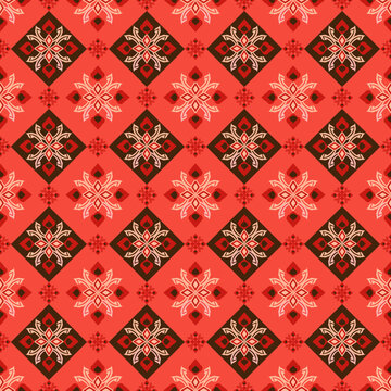  A collection of seamless vector patterns inspired by traditional Thai art and Isaan silk textile motifs. Features intricate floral and geometric elements in a rich red, brown, and cream palette.