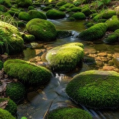 Mossy Rocks in a Tranquil Stream - A Serene Nature Scene.
