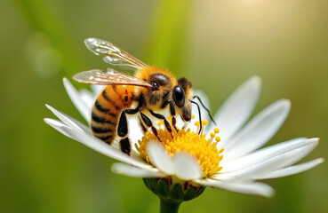 Honeybee on white flower collecting nectar in sunlight. Pollinating insect works hard on bloom in field, gathering food for hive. Nature balance, life cycle.