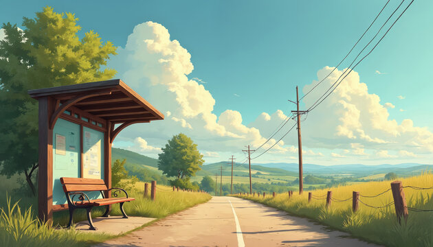 Empty rustic bus stop with wooden bench stands on a country road. Power lines run along a scenic rural landscape with green hills fields and blue sky with clouds. Serene travel location.