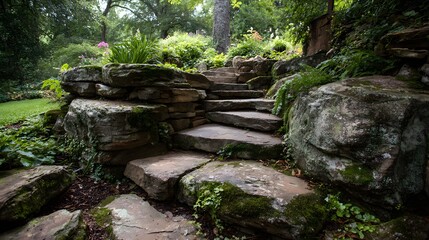 Lush green garden steps ascend a mossy stone staircase surrounded by plants.