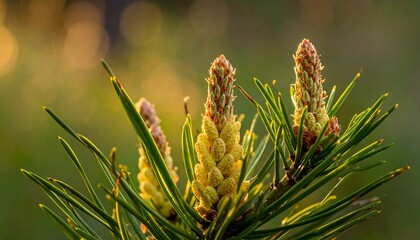 Three young pine cones emerge from a branch, backlit by warm sunlight