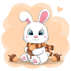 Cute cartoon white rabbit and acorns. Autumn Vector illustration of animal on orange background.