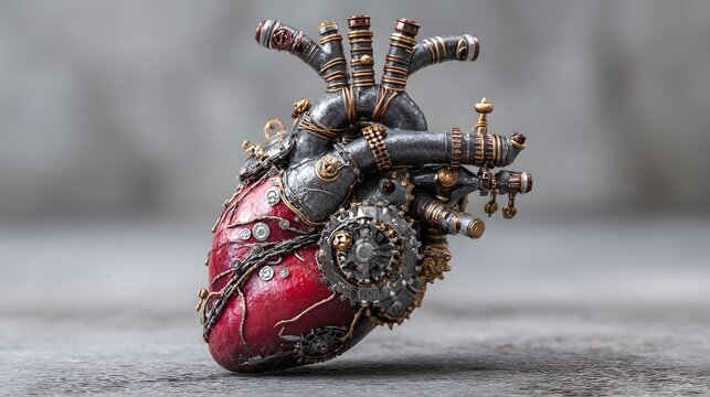 Steampunk heart sculpture with intricate gears and pipes.