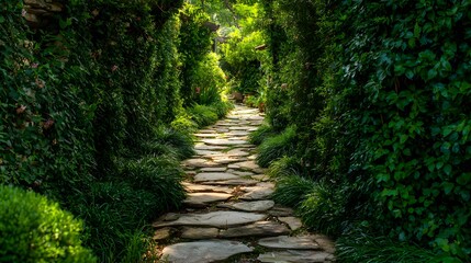 Stone path winds through a lush green tunnel of overgrown plants.
