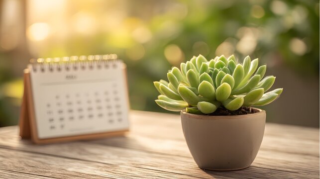 Potted succulent plant and desk calendar bathed in warm sunlight.
