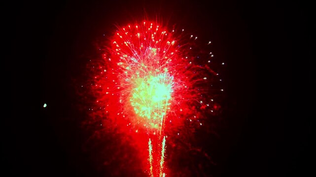 A stunning array of colorful fireworks illuminates the night sky, creating a breathtaking spectacle. These explosive bursts are enjoyed by families and friends during an evening celebration.