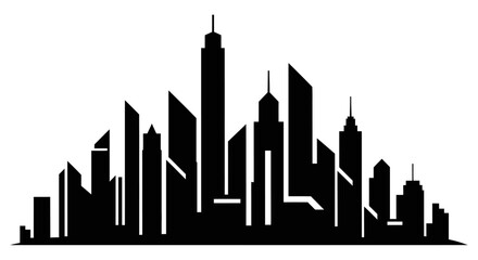 Silhouette of a modern city skyline featuring various skyscrapers and buildings against a white background.