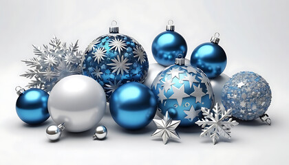 Elegant Blue and Silver Christmas Ornaments on White