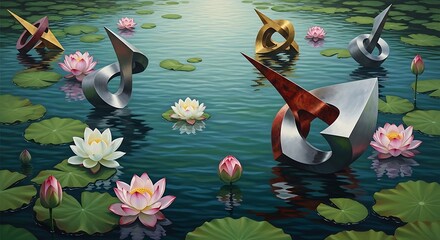 Abstract Sculptures Floating in a Serene Water Lily Pond.