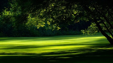 Obraz premium Lush green field illuminated by sunlight with a large tree.