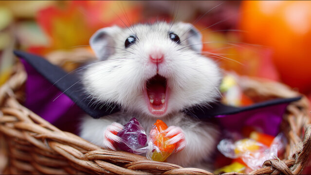 Hamster halloween cute funny animal candy portrait photography 4k macro adorable festive pet photo joyful celebration autumn concept