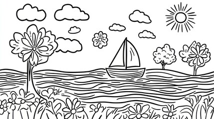 Simple black and white doodle landscape with sailboat