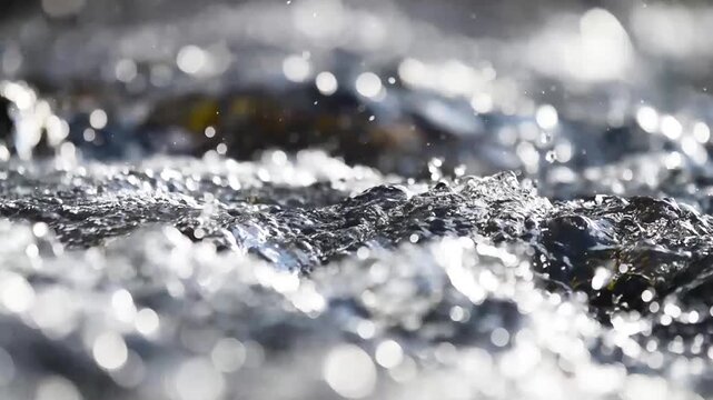 Cascades on mountain stream during sunny day, water glistens in direct sunlight, fast flow makes water spray