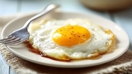 Fried egg with cracked pepper on a plate with a fork.