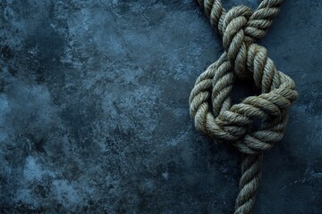Intricate nautical knot on a dark stone surface.