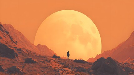 Naklejka premium Lone figure stands on rocky terrain facing a colossal celestial body.