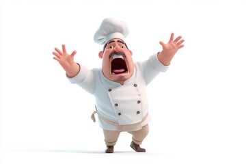 An expressive chef in his chef's attire with arms outstretched and his mouth agape
