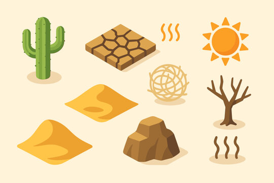 Isometric Desert Elements. Dry Heat set icons in flat vector style desert cactus, cracked earth, blazing sun, dry tumbleweed, sand dune, parched tree, desert rock, heat waves