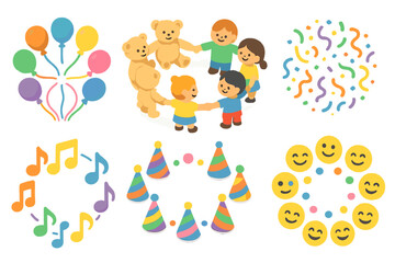 Fototapeta premium Playful Icons Circle. Playful Circle of Friends set icons in flat vector style. Balloons in circle, teddy bears in circle, cartoon kids holding hands, confetti circle, music notes
