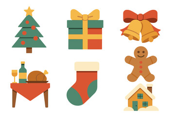 Obraz premium Festive Yule Icons. Festive Yule set of icons in geometric flat vector. Decorated tree, wrapped gift, bells, ribbon bow, gingerbread cookie, feast table, festive stocking, snowy