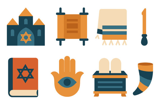Hanukkah Icons. Religious Hanukkah set of icons in geometric flat vector. Synagogue silhouette, Hebrew scroll, tallit prayer shawl, yad pointer, holy book, hamsa hand, ark with