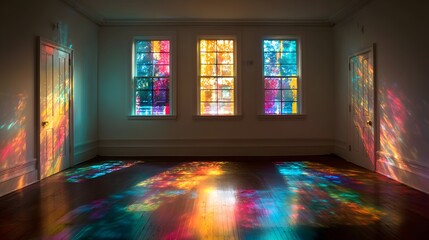 Colorful light patterns fall across an empty room through patterned windows.