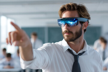 Focused male teacher with beard guiding students in classroom using futuristic augmented reality glasses for an innovative virtual lesson. Engaged man pointing at simulation