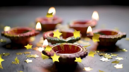 Diwali celebration with traditional oil lamps and star confetti on a dark surface, creating a warm and festive atmosphere for the hindu festival diwali - Powered by Adobe