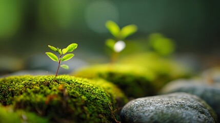 Young seedling grows on mossy ground next to smooth stones.